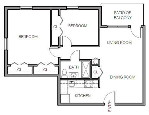 Two Bedroom One Bathroom Floor Plan at Highland Glen Apartments, Westwood, Massachusetts